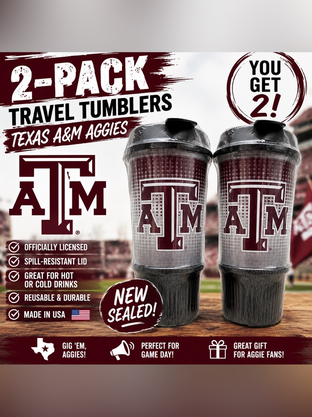 2- Officially Licensed Texas A&M Aggies Whirley Travel Tumblers